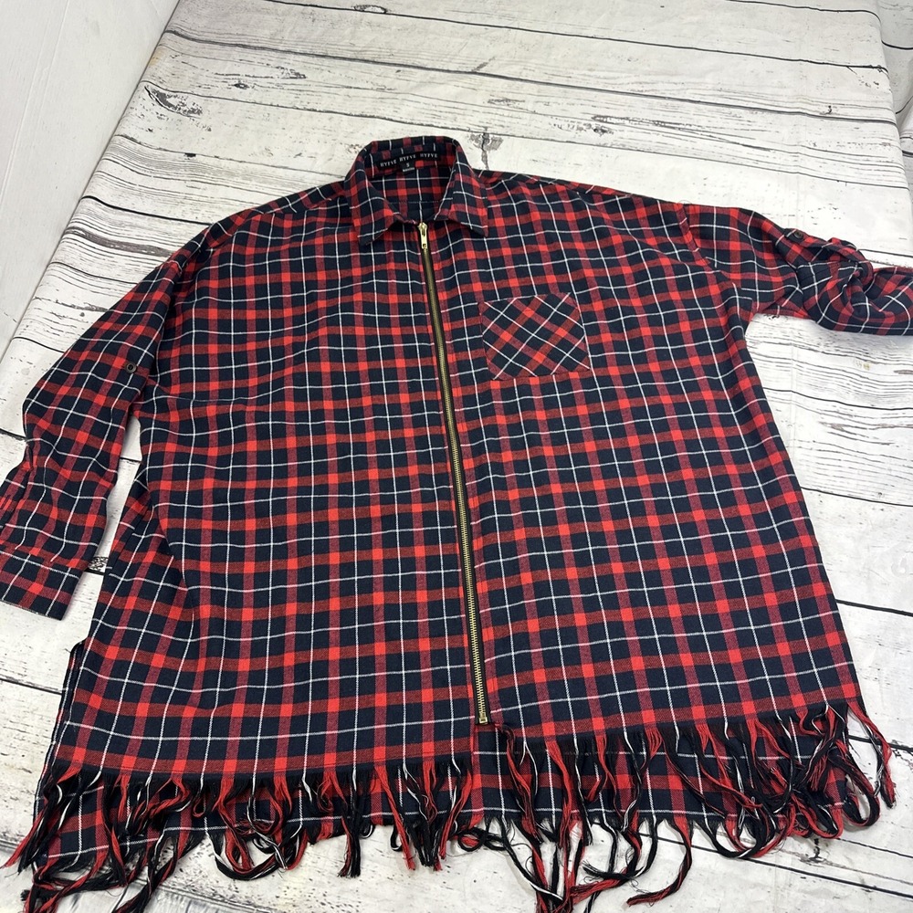 HYFVE Womens Red Plaid Zip Up Fringed Hem Flannel Shirt Oversized Small S
